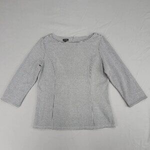 Talbots Womens Blouse M Black White Geometric Boat Neck 3/4 Sleeve Stretch Top